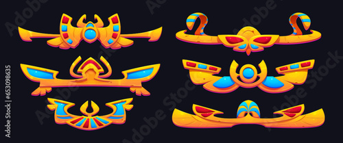 Egypt ui gold frame for ancient game vector set. Pharaoh treasure symbol design with scarab and ornament. Mythology divider icon kit with red and blue art. Abstract border asset for app interface