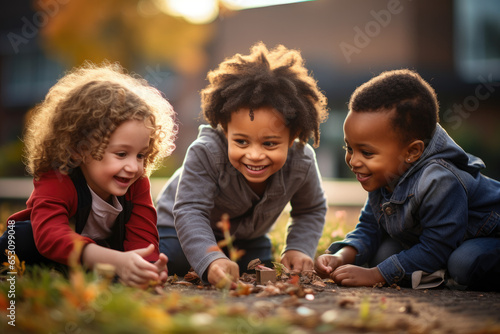 Children of various ethnic backgrounds playing together in a city park. Generative Ai.