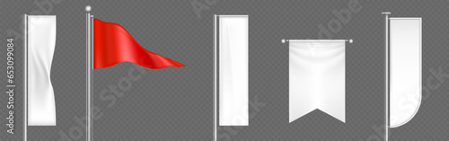 3d pennant white and red flag banner vector mockup. Wave fabric sign on pole. Realistic triangle canvas set for sport event or celebration. Exhibition promotion cotton billboard on steel stick