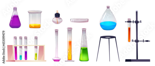 Cartoon laboratory beaker. Science chemistry lab flask vector glass equipment isolated on background. Scientific text container icon. Medicine object collection of bottle to measure liquid potion