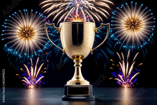 Luxurious Trophy Cup with Fireworks A Stunning Award Winning Moment, AI Generated