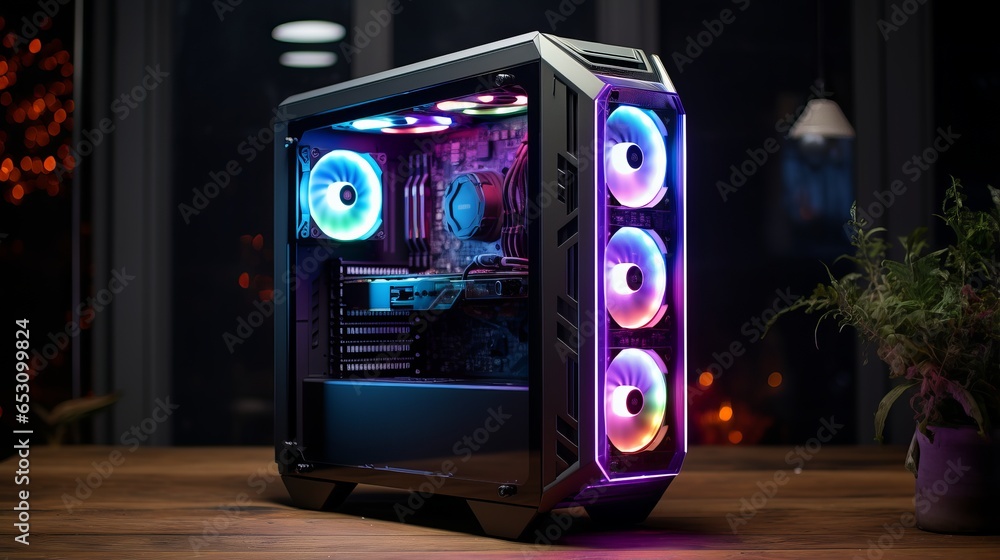 Fototapeta premium High-Performance Gaming Computer Illuminated by Vibrant RGB LED Lighting Setup