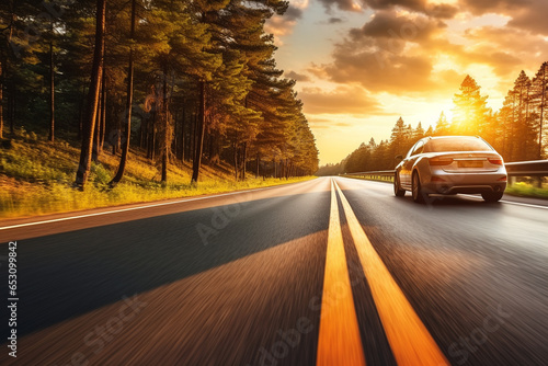 car on asphalt road in countryside at sunset