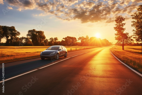 car on asphalt road in countryside at sunset