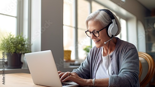 Senior woman wearing headphones making a video call on a tablet