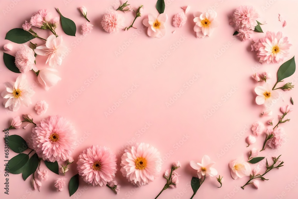 Banner with flowers on a light pink background. Greeting card template for Wedding, Mother's, or Women's Day with copy space