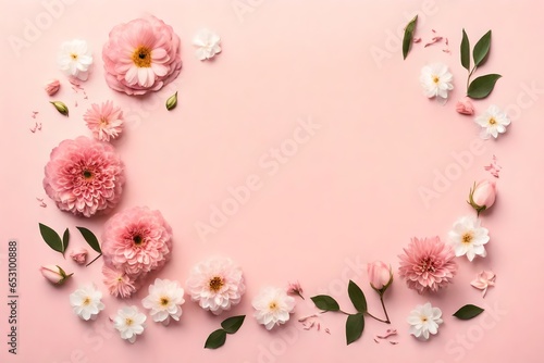 Banner with flowers on a light pink background. Greeting card template for Wedding, Mother's, or Women's Day with copy space © sania