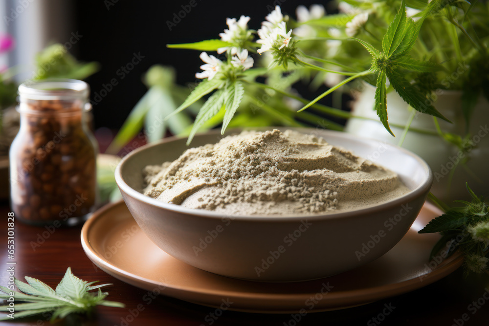 A bowl of plant-based protein powder with ingredients like hemp and chia seeds, reflecting the rise of plant-powered diets. Generative Ai. A bowl of plant-based protein powder with ingredients like hemp and chia seeds, reflecting the rise of plant-powered diets. Generative Ai.