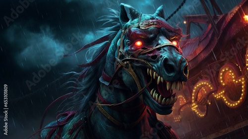 a sinister, haunted carnival with a creepy, grinning carousel horse, 