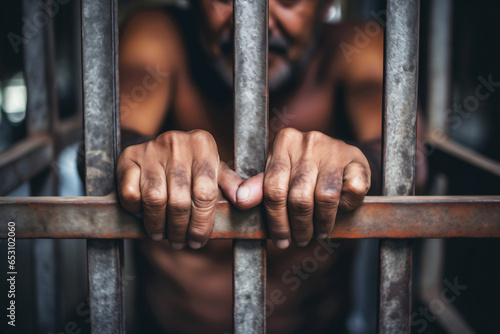 The male prisoner grabbed the prison bars with his hands. The pain and suffering of the prisoner. The inevitability of a judicial verdict. Hopelessness. The punishment of the criminal.