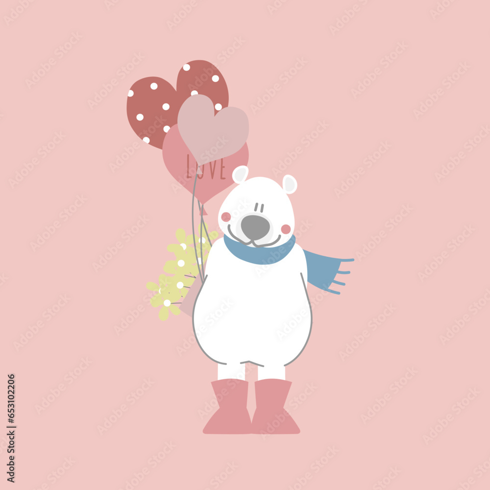 cute and lovely white polar bear with heart balloon and flower, happy valentine's day, love concept, flat vector illustration cartoon character costume design cute and lovely white polar bear with heart balloon and flower, happy valentine's day, love concept, flat vector illustration cartoon character costume design
