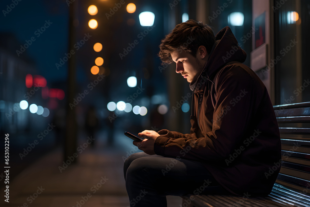 Student waiting the bus while using smartphone at a bus stop at night - obrazy, fototapety, plakaty 