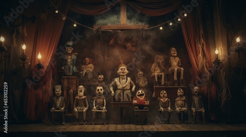 a sinister, haunted puppet theater with marionettes moving on their own,