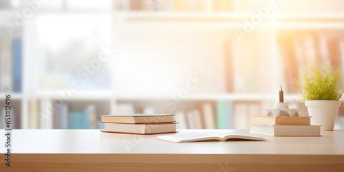 White table with books over a blurred modern white living room in the background. © AspctStyle