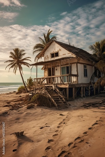 A cabin on the edge of the beach, abandoned by the rising sea and storms.