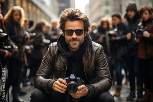 A paparazzi photographer snapping pictures of a celebrity, showcasing the fascination with fame and celebrity culture. Generative Ai.