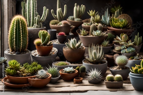 The contemporary arrangement of a home garden is adorned with a diverse array of exquisite plants, including cacti, succulents, and air plants, all displayed in stylish pots.