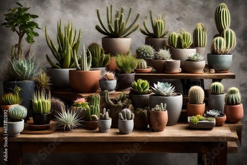 The contemporary arrangement of a home garden is adorned with a diverse array of exquisite plants  including cacti  succulents  and air plants  all displayed in stylish pots.