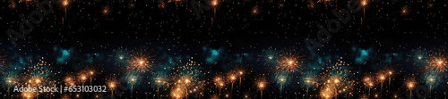 Seamless. A customizable festive banner with fireworks lighting up the night sky against a black background. Photorealistic illustration