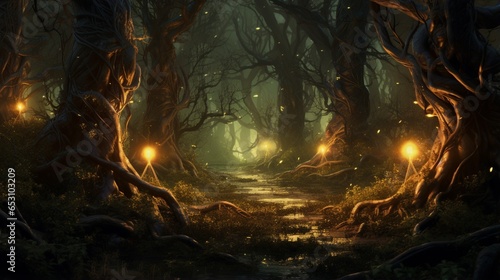 a spooky forest with twisted trees and glowing, hovering fireflies,