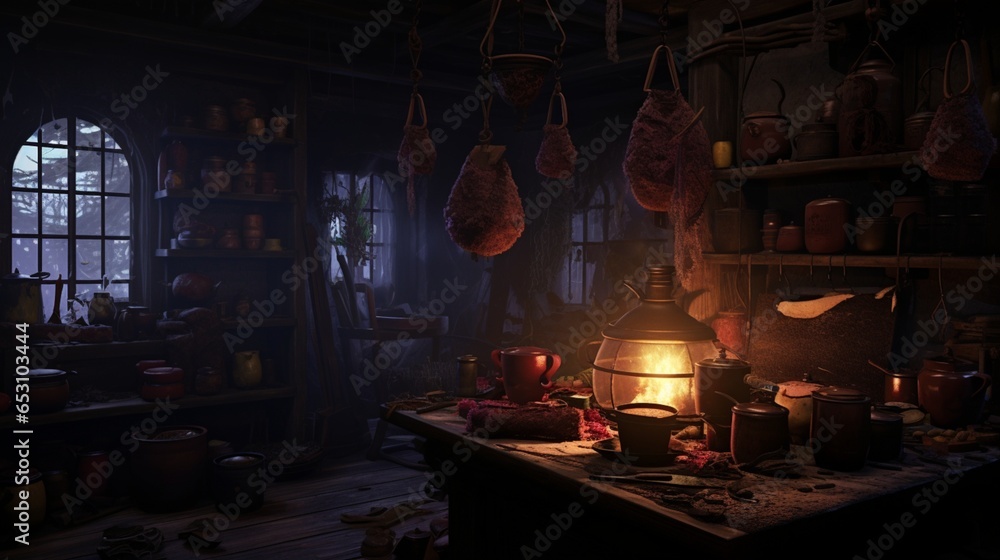 a witch's cauldron surrounded by potion ingredients in a dimly lit, cobweb-filled room,