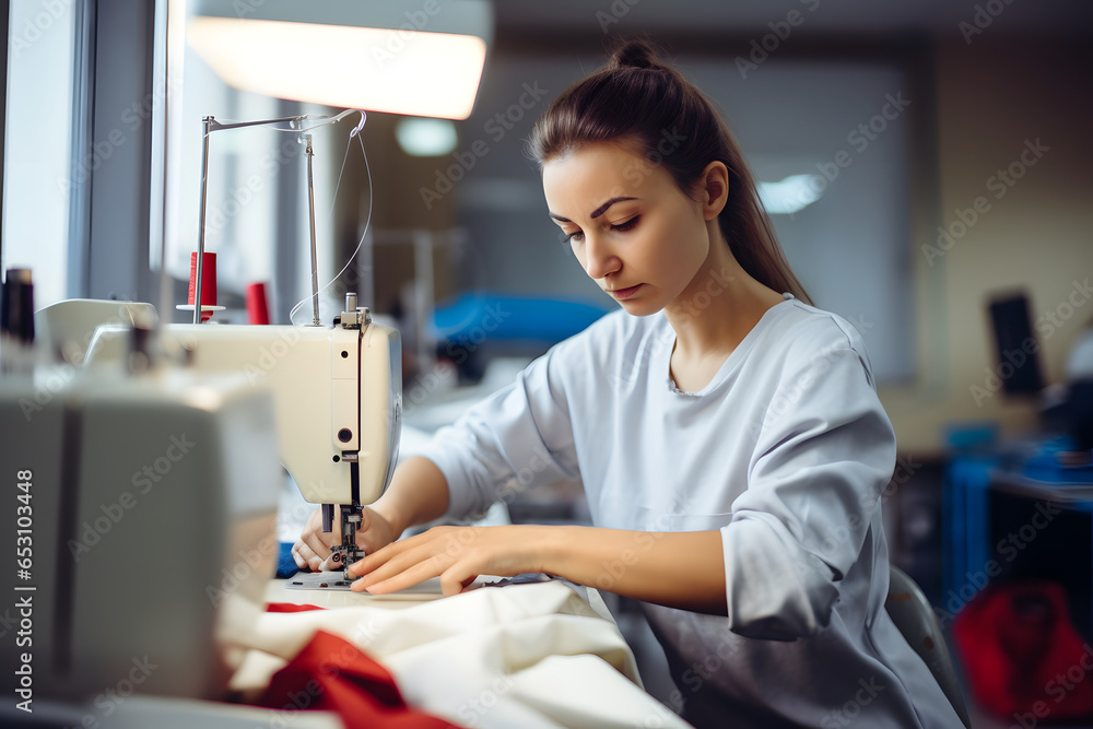 Young woman fashion designer working with fabric at the studio full of tailoring tools and equipment