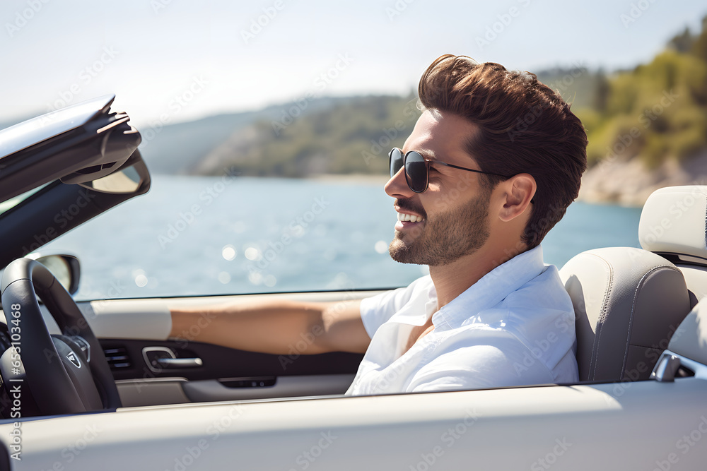 Attractive man wearing sunglasses driving open roof convertible sports car on summer travel vacation - obrazy, fototapety, plakaty 