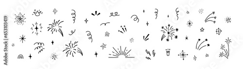 Doodle star bling and firework. Cute line childish squiggle drawing. Freehand vector illustration. Design elements for carnival, Christmas, birthday, anniversary
