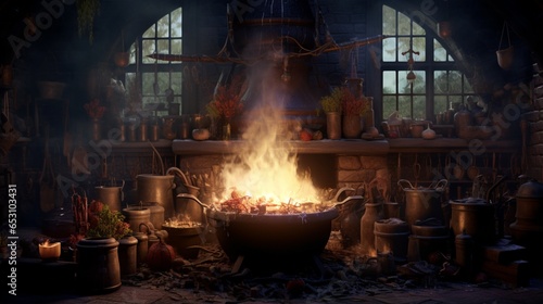 a witch s cauldron surrounded by potion ingredients in a dimly lit  cobweb-filled room 
