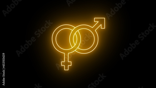 Yellow color Neon Gender symbol icon. glowing gender icon. Male, female sign of gender equality icon on black background.