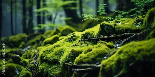 Green moss closeup  with a backdrop of woodland.  Forest in the national park.