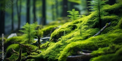Green moss closeup, with a backdrop of woodland. Forest in the national park.