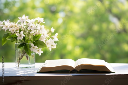 Jasmine flowers in a vase and open book on the table, green natural background.