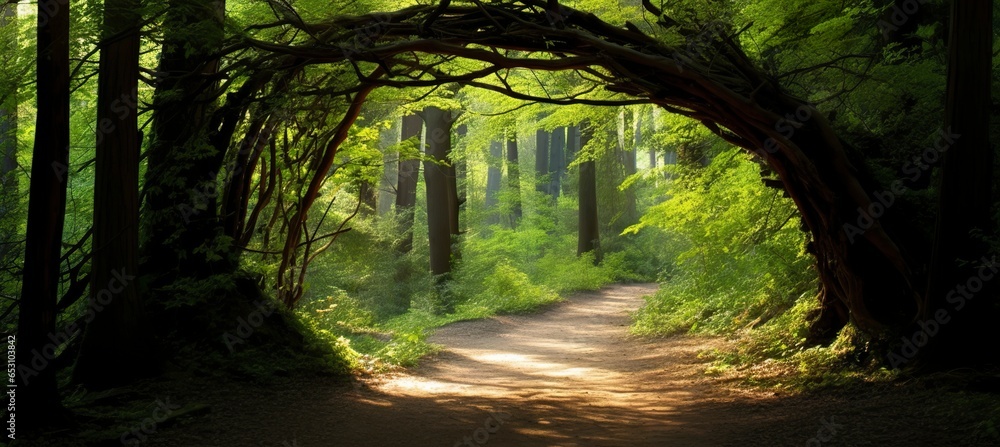 Naklejka premium Natural archway shaped by branches in the forest