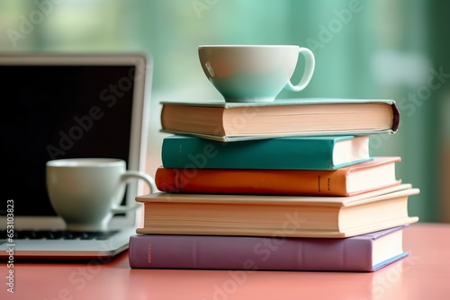 Stack of closed books, coffee and laptop on a work table.