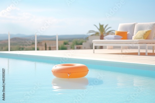 Small inflatable toys on the shore of a swimming pool at the end of summer  luxurious housing design.