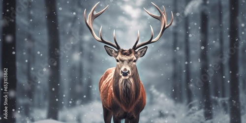 Noble deer male in the winter snow forest. Artistic winter Christmas landscape. © MdDin