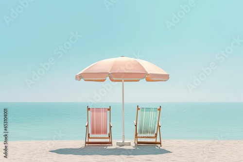 Minimalist design, end of summer scene, hammocks on the serene and calm beach.