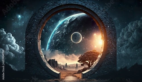 Portal to another world. Futuristic cosmic landscape with circle tunnel in starry sky. photo