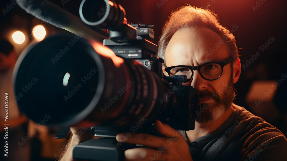 Directing In Camera Director at work on the set directing a movie scene behind camera on a ...