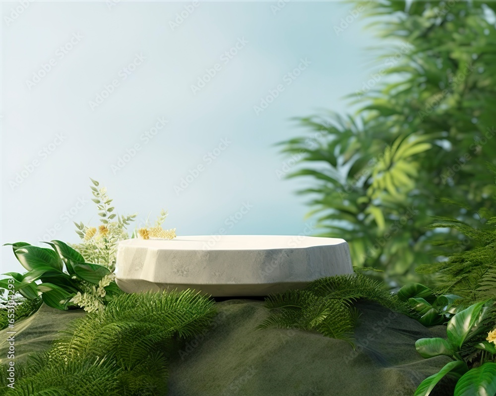 Stone product display podium for cosmetic product with green nature garden background. Stone product display podium for cosmetic product with green nature garden background.