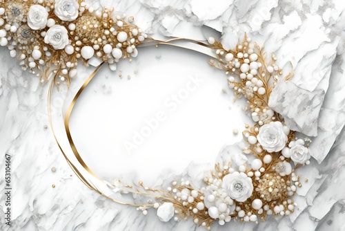 Wedding background with a white marble and granite texture and a gold-white enchanting floral jewelry