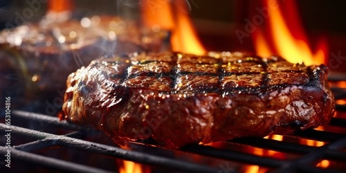 Beef ribeye steak grilling on a flaming grill.
