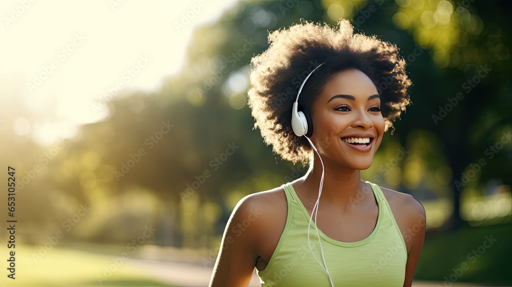 Smiling black woman in sports clothes running in a green park enjoying listening to music with wireless headphones close-up - obrazy, fototapety, plakaty 