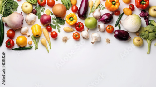 Top view of various vegetables on white background with copy space generative ai