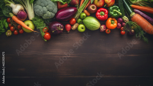 Top view of various vegetables on wooden background with copy space generative ai