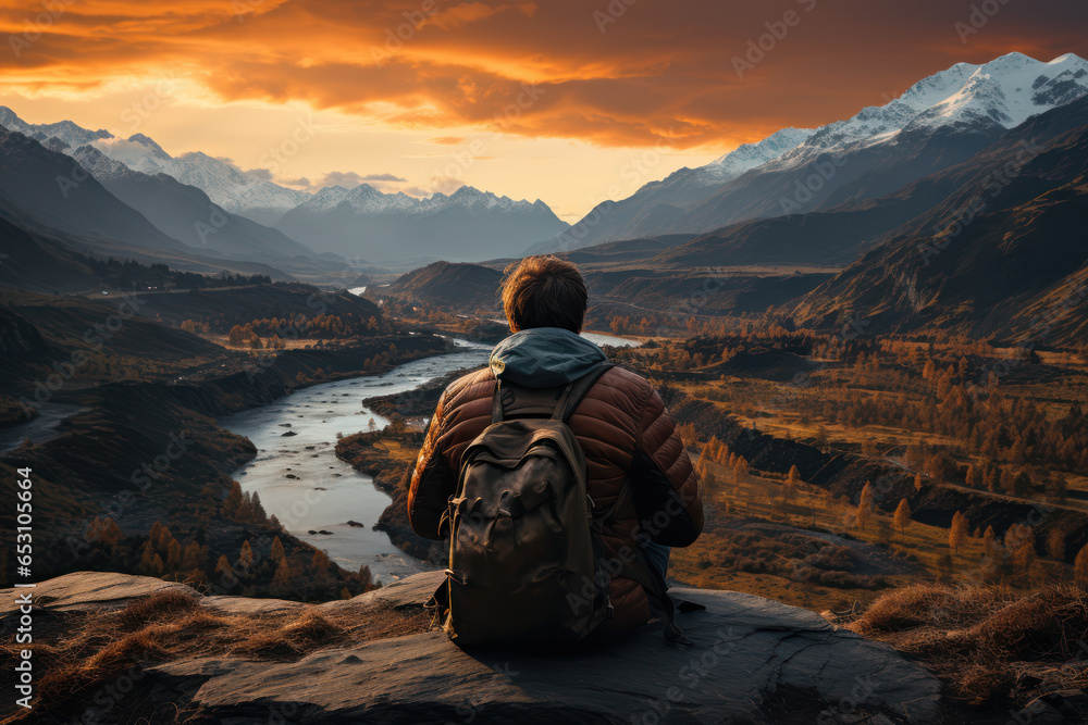 A person deep in thought while sitting on a mountaintop, experiencing a sense of awe and wonder at the natural world. Generative Ai.