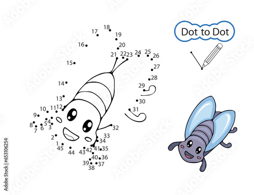 Kids art game of Dot to dot. Children activity education worksheet. Drawing class. Finish image of cute fly. Children drawn riddle by numbers. Vector illustration.