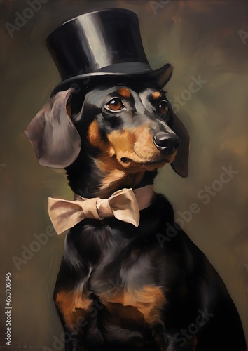 An elegant oil painting of a Dachshund dog  full body  showcasing their personality and sense of humor  sharp details and some thick brush strokes