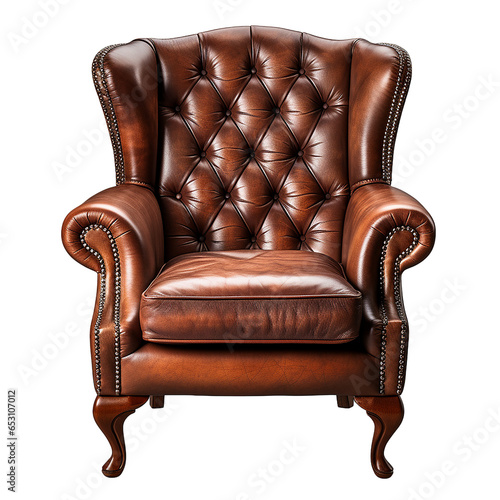 Luxury red brown leather armchair isolated on transparent background PNG © Rames studio